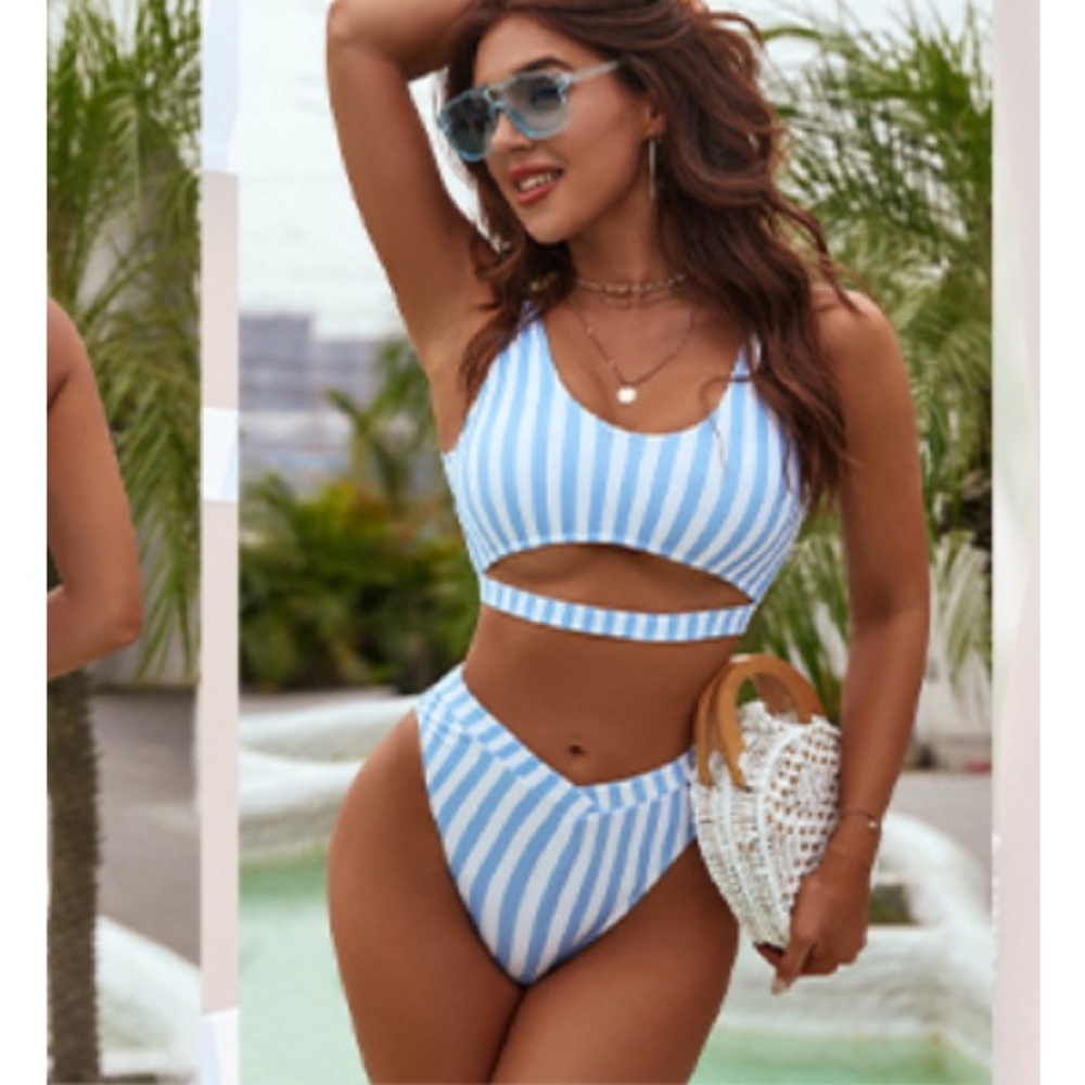 🚘Chic Blue Striped Bikini Set cheeky high cut bikini set cutout backless m